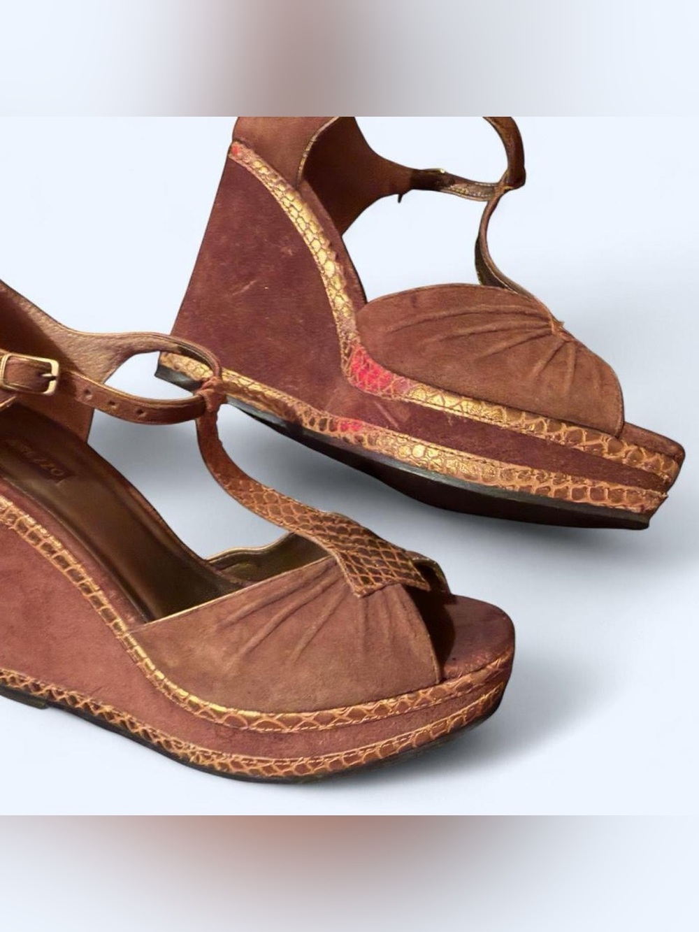 Brown Suede Wedge Sandals with Gold Trim - Women's Platform Wedges